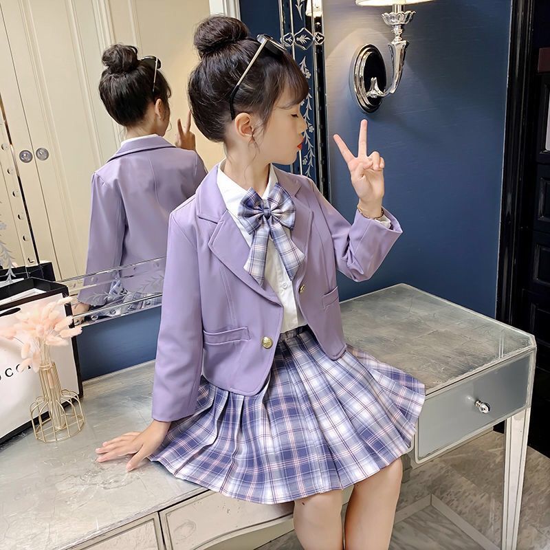 女童春裝套裝2023新款兒童三件套裙子春季洋氣學院風JK制服公主裙