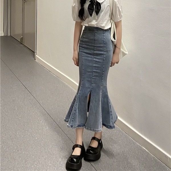 Small High Waist Denim Skirt New Split Ruffled Stretch Tight Hip Skirt Mid Length Fishtail Skirt