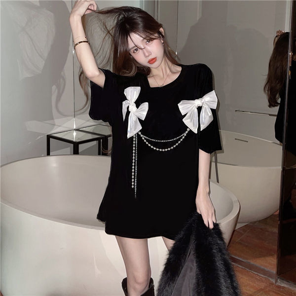 Summer new large size women's clothing fat mm Korean version loose design sense of bow small short-sleeved T-shirt top 200 catties