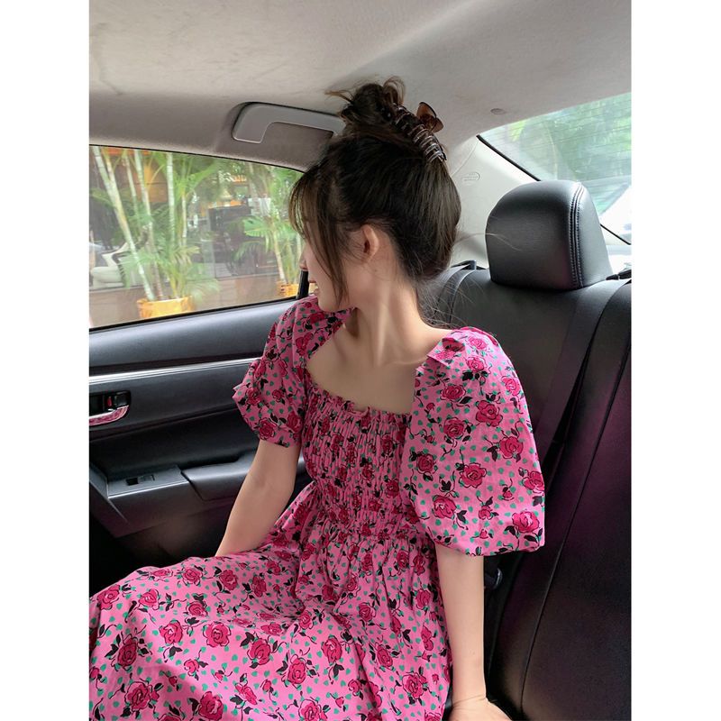 法式復古方領泡泡袖碎花裙女2023夏粉色甜美寬鬆顯瘦收腰顯瘦長裙