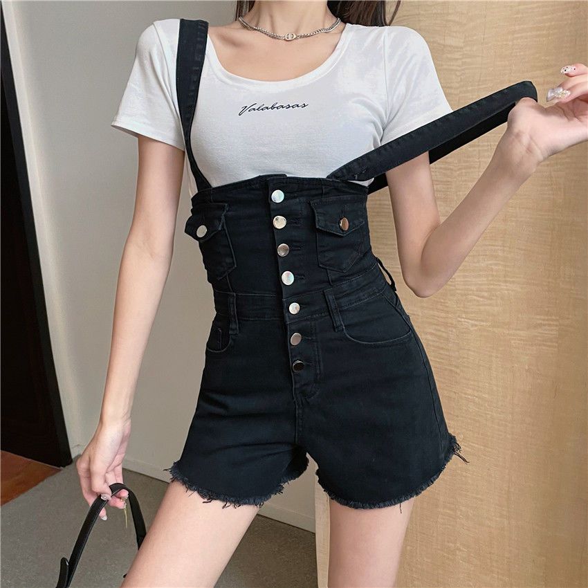 Breasted super high waist denim suspenders shorts  summer new French style slimming slimming age-reducing overalls women