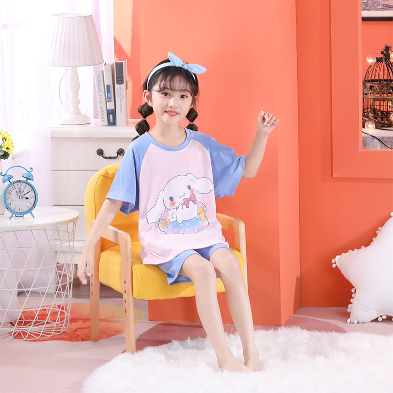 夏季短袖女童睡衣新款短袖8~12歲簡約卡通玉桂狗睡衣時尚款家居服