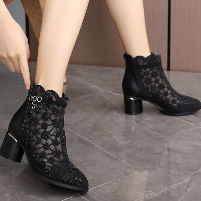 Real soft leather fashion mesh cool boots  spring and summer hollow sandals women's Rhinestone thick heel short boots women's single boots