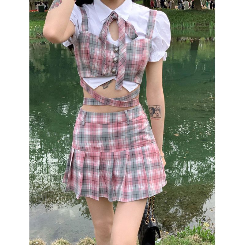 三件套裝/單學院風套裝女夏季新款疊穿甜辣格紋背心a字半身裙子潮