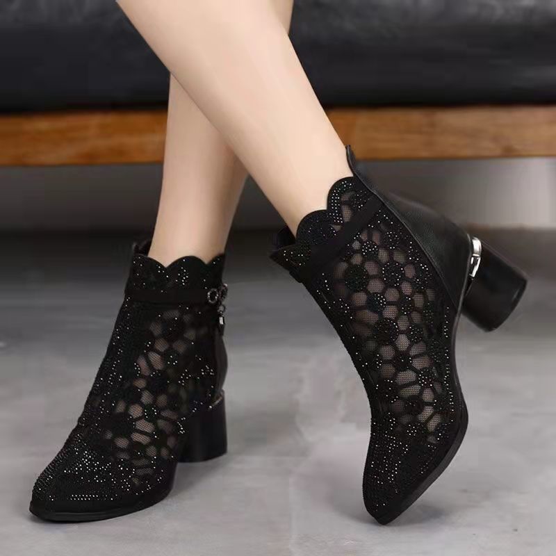 Real soft leather fashion mesh cool boots  spring and summer hollow sandals women's Rhinestone thick heel short boots women's single boots