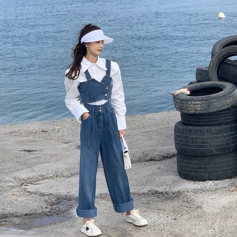 夏季三件套裝牛仔吊帶馬甲外套直筒褲減齡復古顯瘦小個子四季長褲