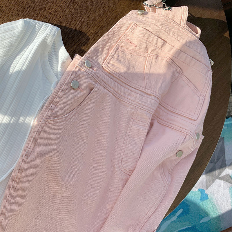 春夏2023新款粉色牛仔背带裤女韩版宽松小个子减龄高腰直筒连体裤