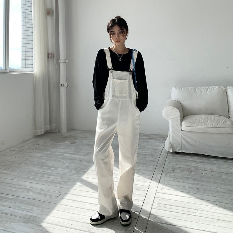 Denim overalls women's 2023 new loose age-reducing white high-waist wide-leg straight tube slimming all-match jumpsuit summer