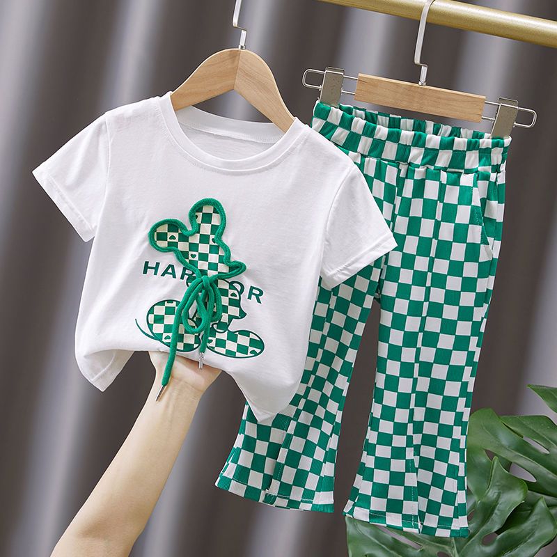 Girls summer clothes 2023 new style girl cartoon Korean version short-sleeved checkerboard ice silk pants children's casual trend