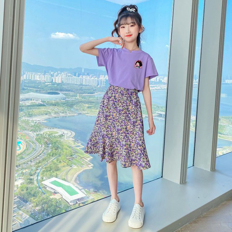 Children's Suit Girls' foreign style fashionable girls' floral skirt two-piece set of summer pure cotton clothes thin cute