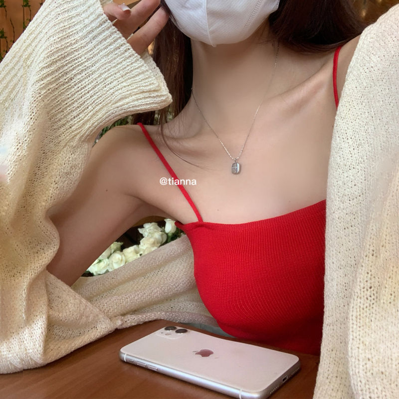 辣妹季節超顯白辣椒紅冰絲針織吊帶小背心女夏季露肩內搭外穿上衣