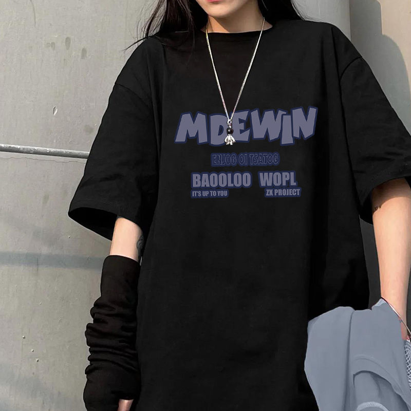 100%純棉短袖T恤男女夏季新款寬鬆百搭BF風中長款印花ins上衣服潮