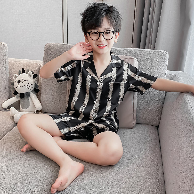 Summer children's ice silk pajamas boys summer thin short-sleeved boys striped summer middle and large children's home clothes set