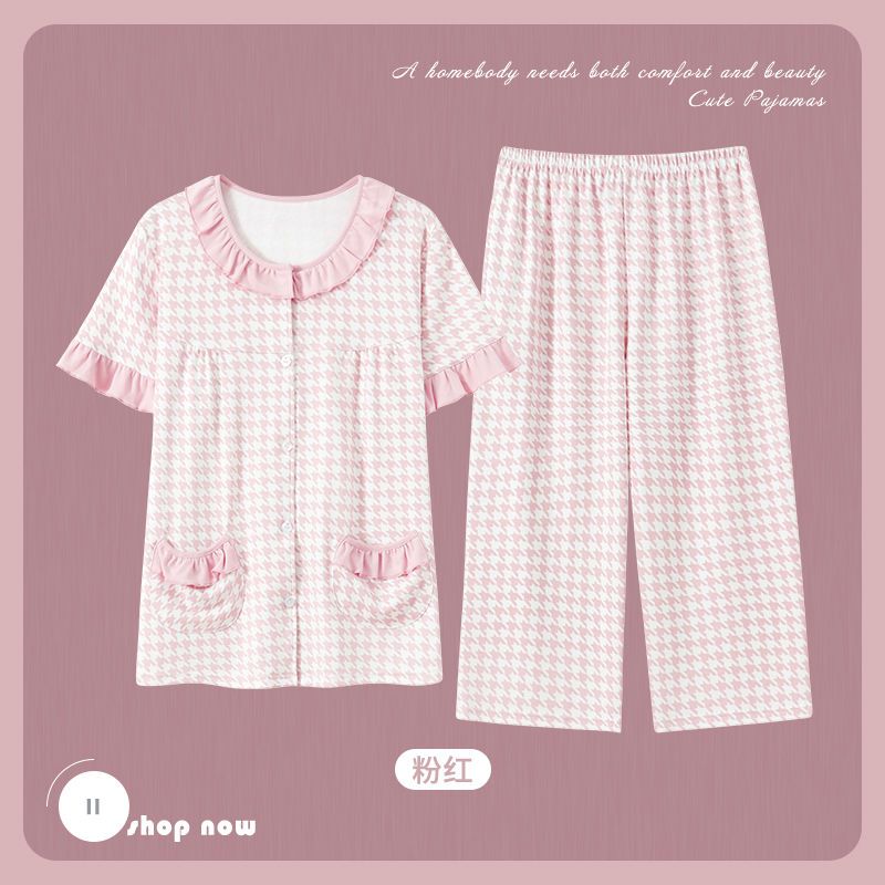 100% cotton pajamas women's summer thin cotton short-sleeved cropped pants cardigan home service summer pajamas