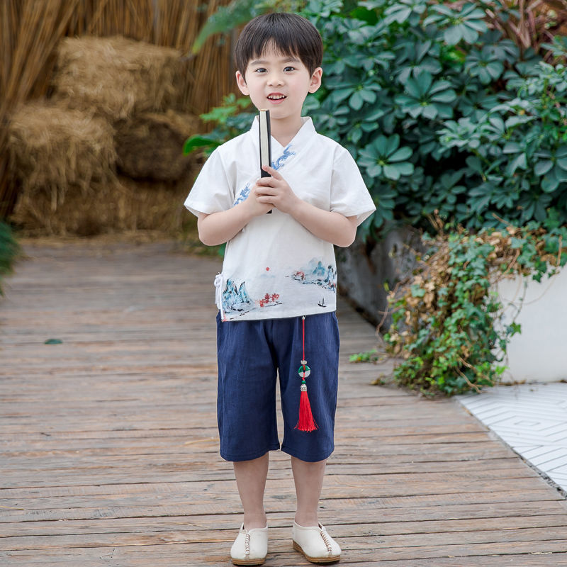 儿童汉服男童夏季中国风薄款礼服棉麻古装短袖男宝宝唐装套装民族