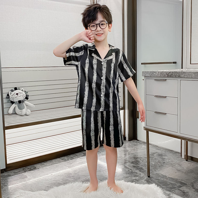 Summer children's ice silk pajamas boys summer thin short-sleeved boys striped summer middle and large children's home clothes set