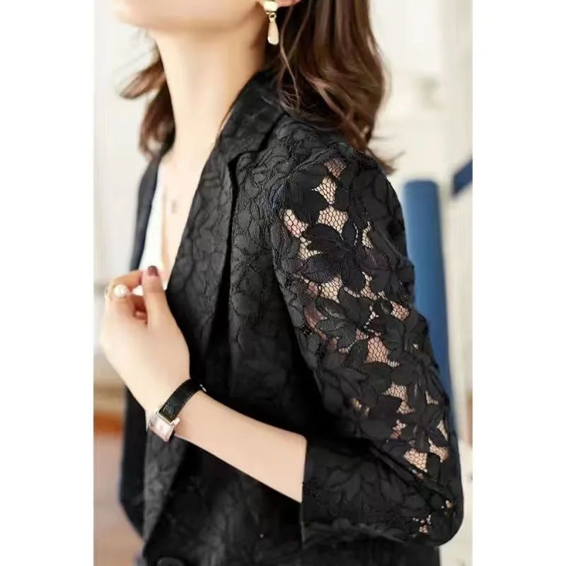 Lace suit jacket women's large size Korean version spring and summer new three-quarter sleeve temperament sun protection women's hollow thin section small suit