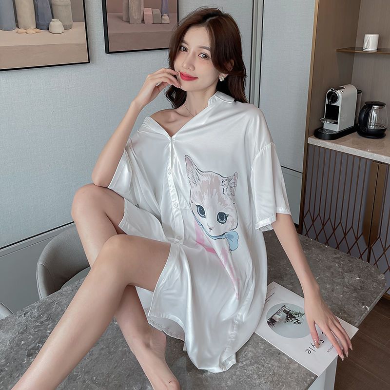 XL plus fat nightdress female summer ice and snow silk thin sexy shirt collar pajamas loose Korean version sweet and lovely