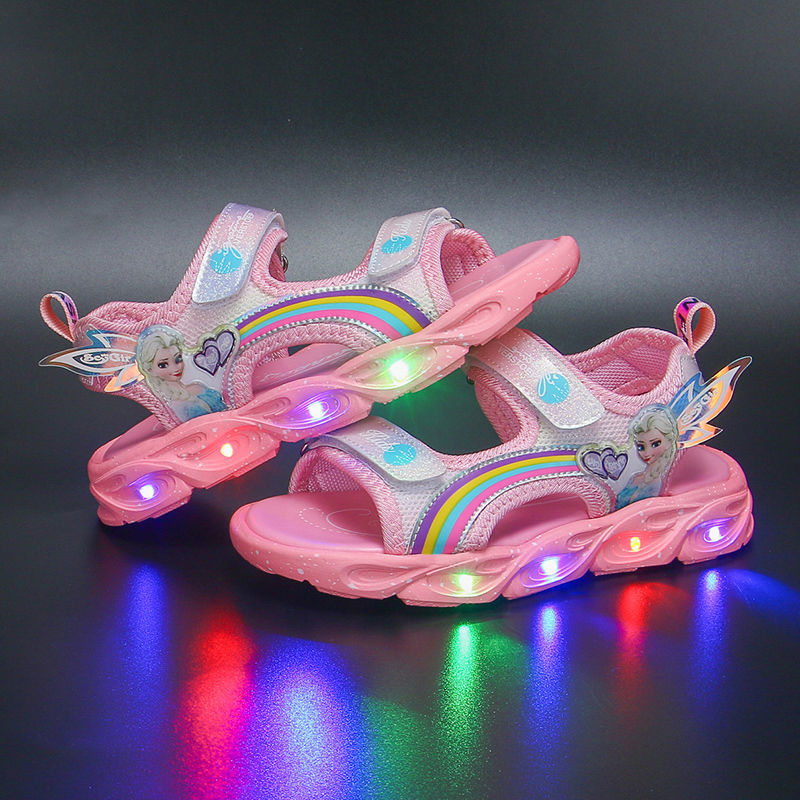 Children's sandals with lights female 2023 summer new girls' sandals children's children Princess Aisha little girl beach shoes