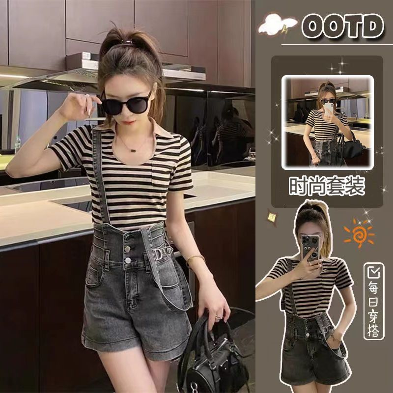 Large women's summer suit women's 2022 New Stripe short sleeve T-shirt slim denim strap shorts two piece set [to be delivered within 15 days]