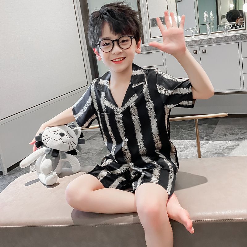 Summer children's ice silk pajamas boys summer thin short-sleeved boys striped summer middle and large children's home clothes set