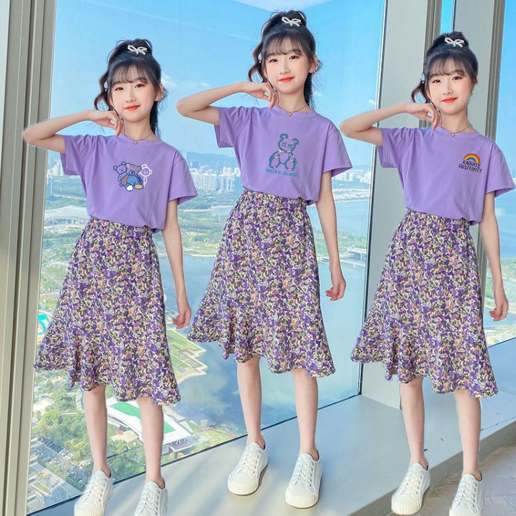 Children's Suit Girls' foreign style fashionable girls' floral skirt two-piece set of summer pure cotton clothes thin cute