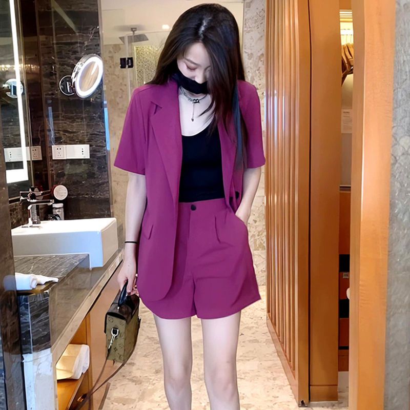 網紅西服套裝女年夏季新款韓版短褲氣質開叉短袖小西裝兩件套