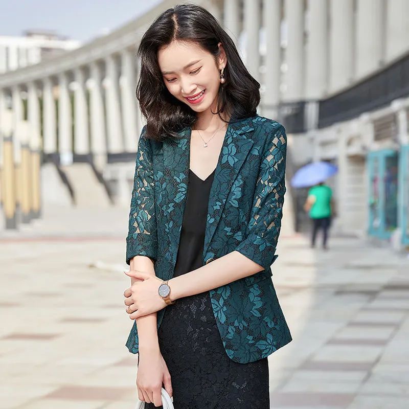 Lace suit jacket women's large size Korean version spring and summer new three-quarter sleeve temperament sun protection women's hollow thin section small suit