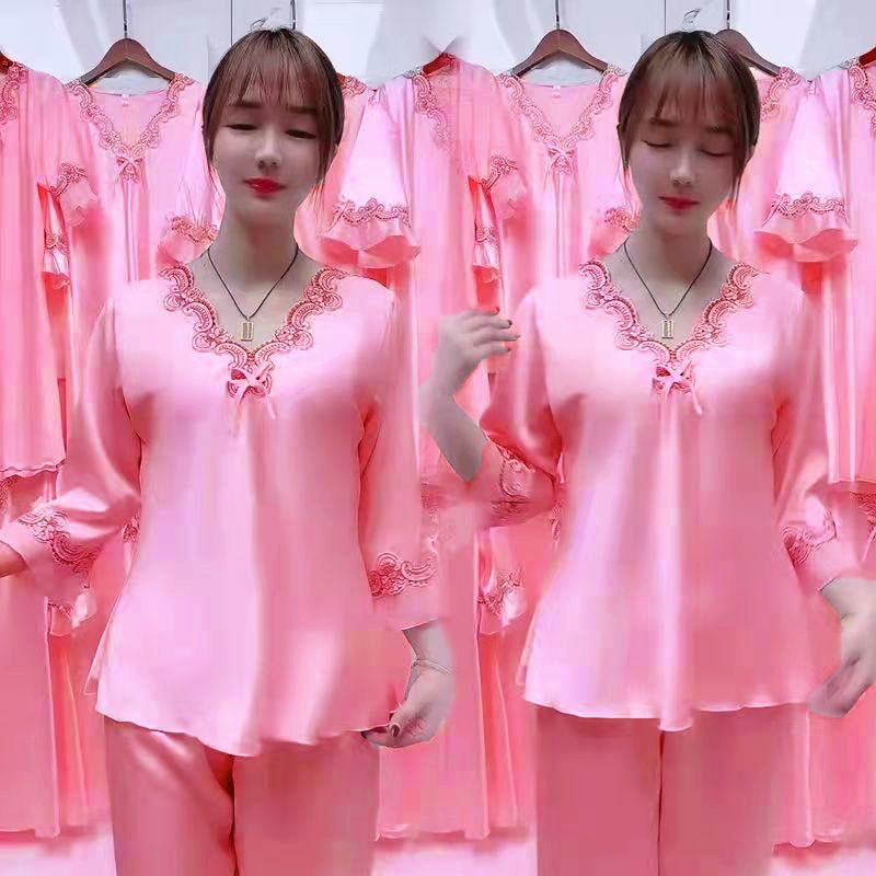 Pajamas women's summer long-sleeved trousers ice silk two-piece home service sexy silk imitation silk ladies cute suit
