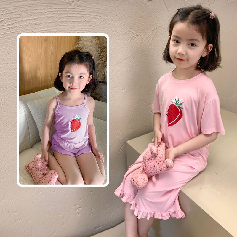 Girls pajamas modal summer children's home air-conditioning clothes baby short-sleeved trousers girl suspenders shorts suit