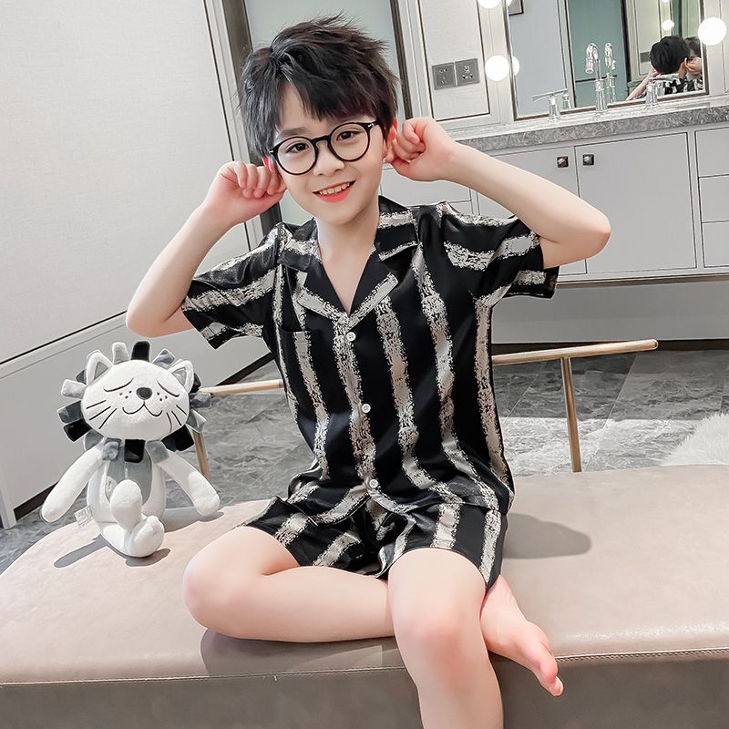 Summer children's ice silk pajamas boys summer thin short-sleeved boys striped summer middle and large children's home clothes set