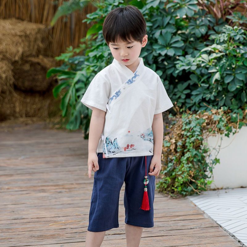 儿童汉服男童夏季中国风薄款礼服棉麻古装短袖男宝宝唐装套装民族