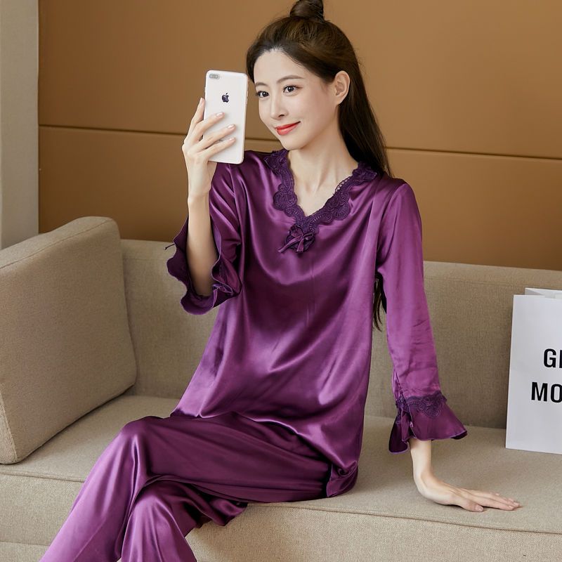 Pajamas women's summer long-sleeved trousers ice silk two-piece home service sexy silk imitation silk ladies cute suit