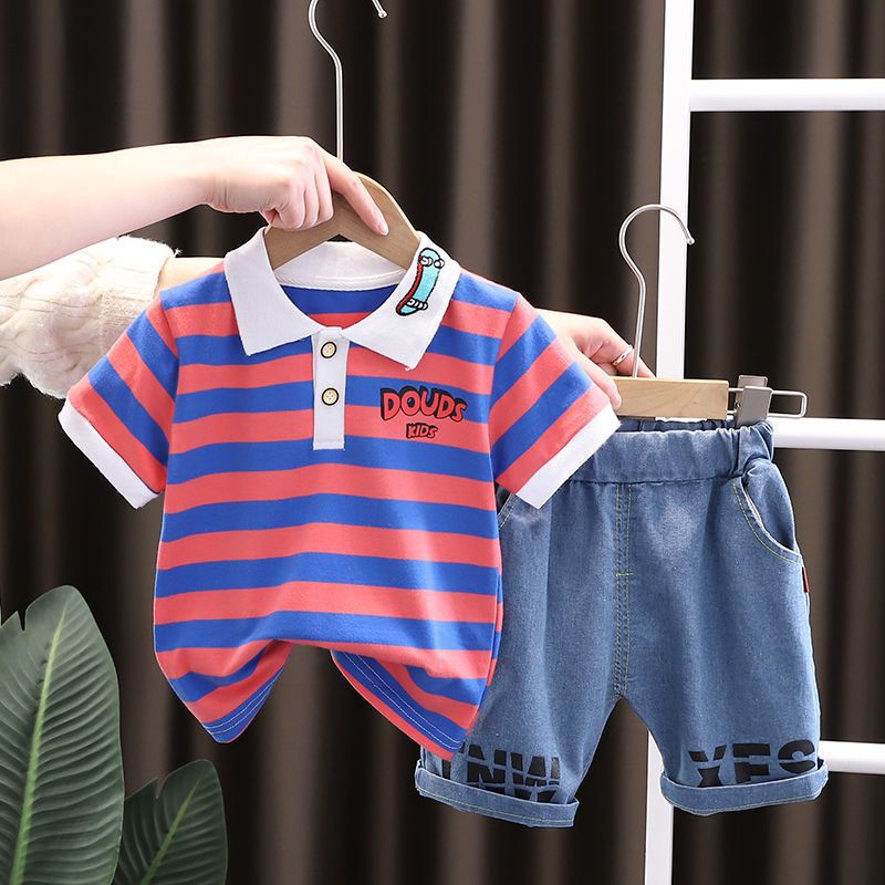 Cotton short-sleeved male baby 2022 summer new striped printed polo shirt lapel top thin section bottoming shirt tide