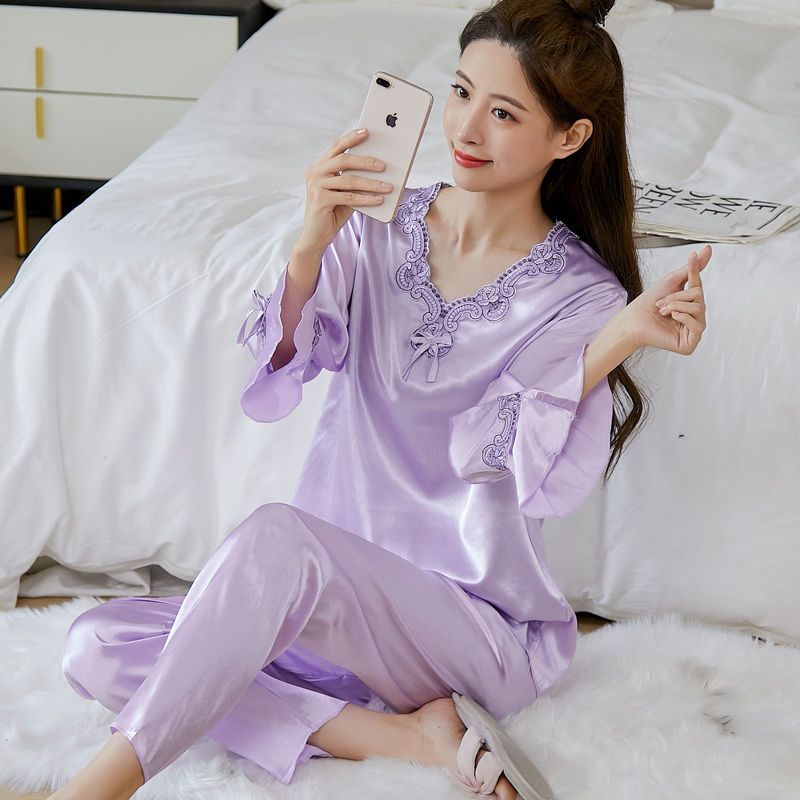 Pajamas women's summer long-sleeved trousers ice silk two-piece home service sexy silk imitation silk ladies cute suit