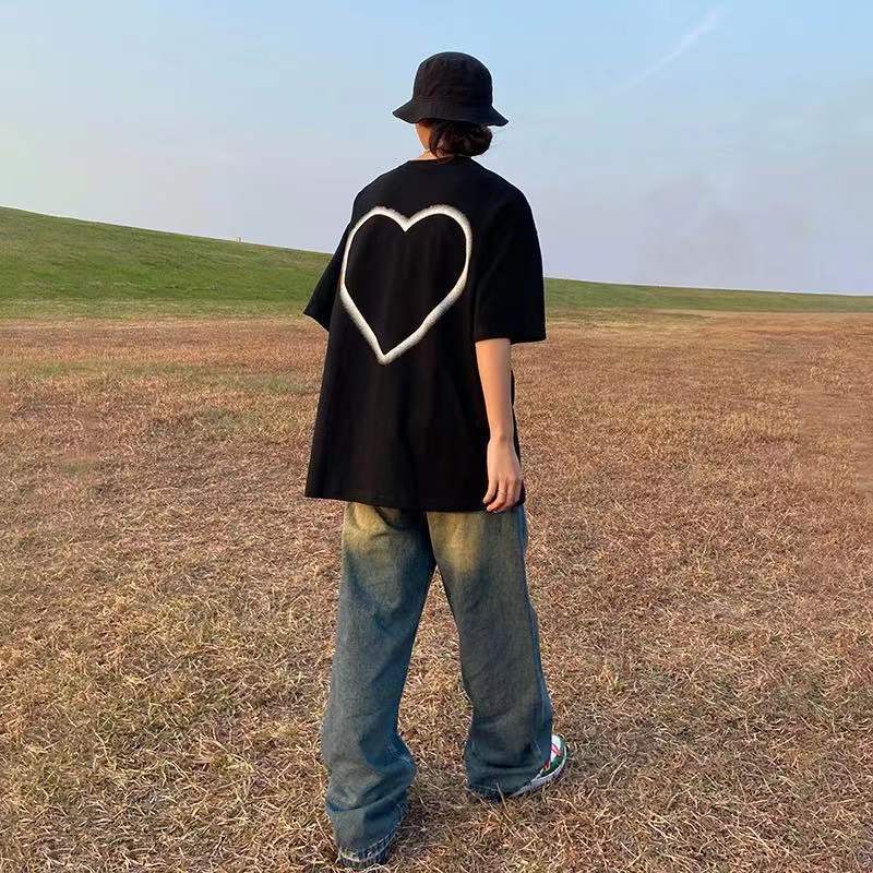100%純棉夏季美式復古短袖T恤男女情侶新款寬鬆百搭休閒學生體恤