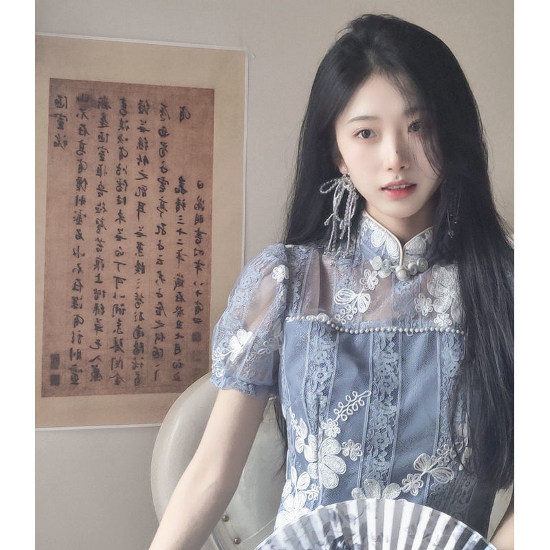 蕾絲珍珠邊刺繡小花中長漢元素連衣裙改良小個子旗袍民國風大小姐
