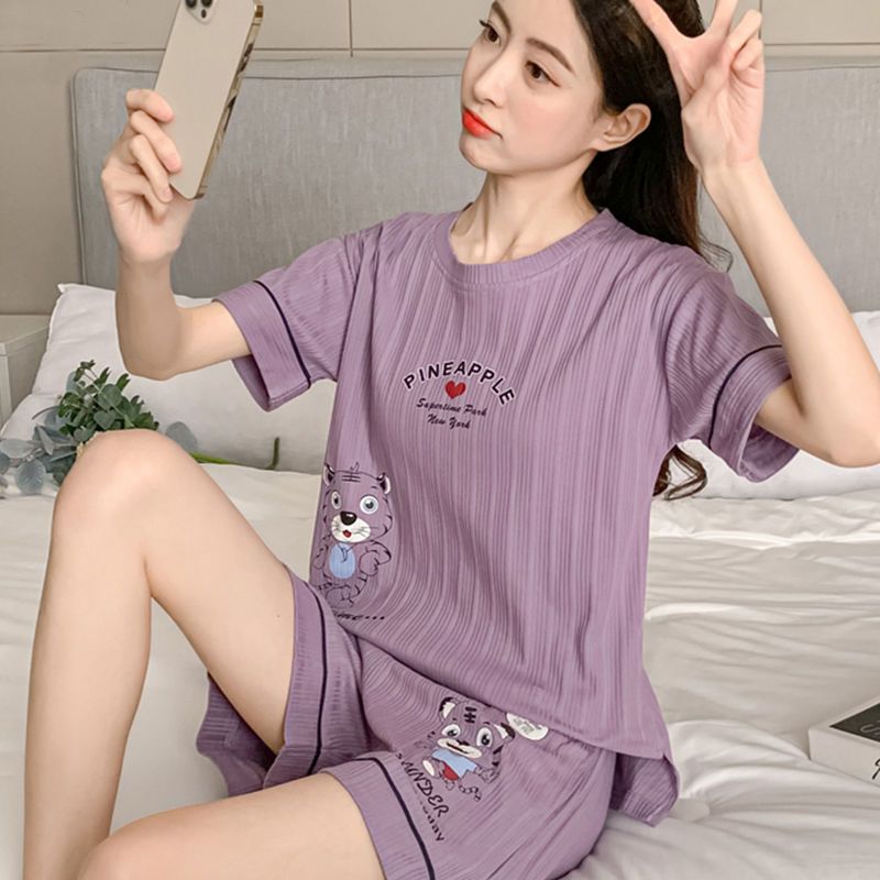 Internet celebrity pajamas women's summer short-sleeved casual cartoon plus size student home clothes loose two-piece suit