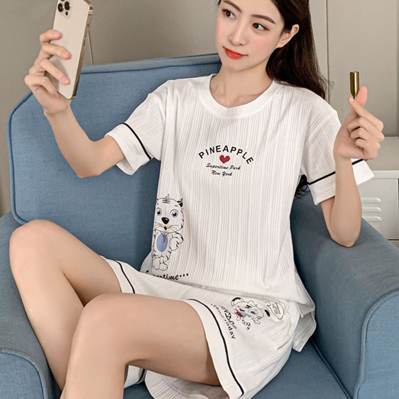Pajamas women's summer double-sided short-sleeved Korean version of the net red casual cartoon loose large size ladies home service suit outside wear