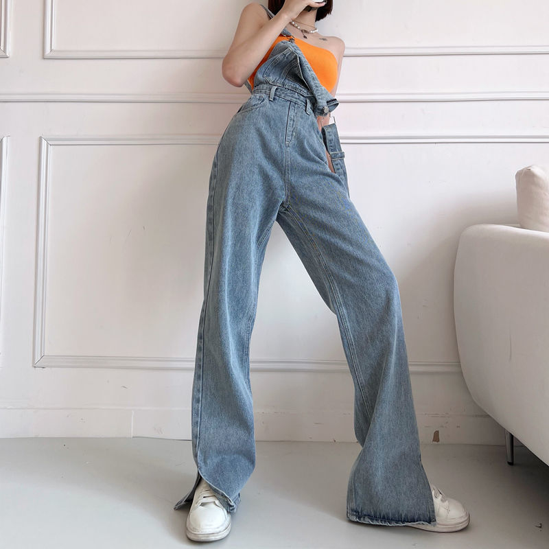 Lengthened American retro age reducing overalls cowboy suspenders summer women loose wide legs thin forked floor high