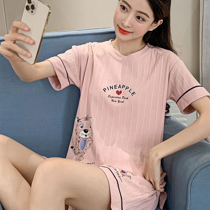 Internet celebrity pajamas women's summer short-sleeved casual cartoon plus size student home clothes loose two-piece suit