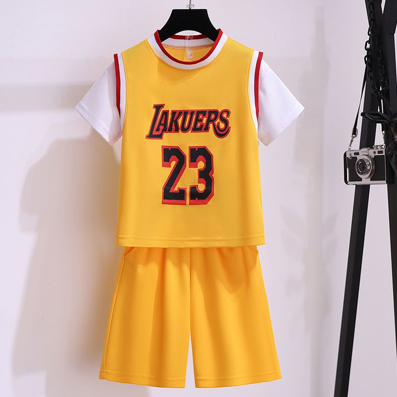 女童篮球服套装网红炸街夏季球服儿童假两件短袖运动服学生训练服