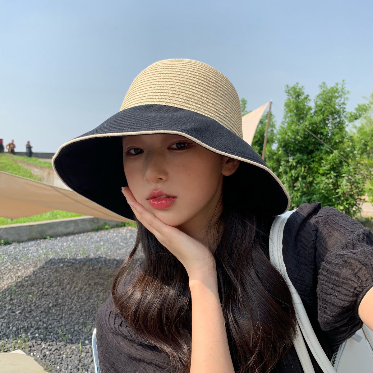 Korean bowknot Cute Big Brim Sun Hat children's versatile outing straw hat summer sun protection fisherman hat ins tide