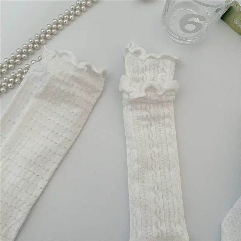 Spring and summer Sen series thin breathable Medium Tube Socks White daily versatile lace bubble mouth socks children's pile socks stockings