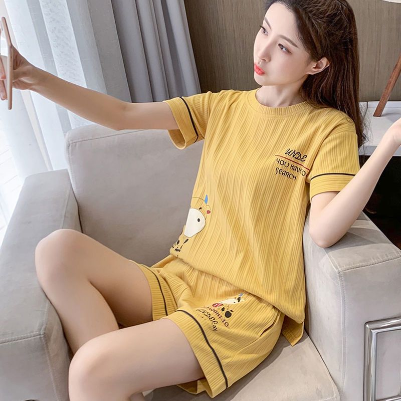 Net red hot style pajamas women's summer simple loose short-sleeved home clothes cute cartoon students wear large size suits