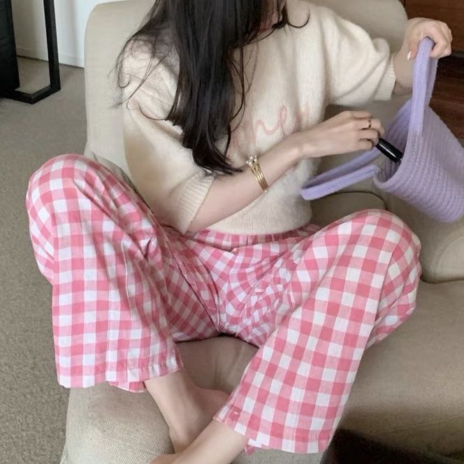 High waist pink plaid casual pants women's spring and autumn 2023 new loose straight wide-leg pants pants ins tide summer