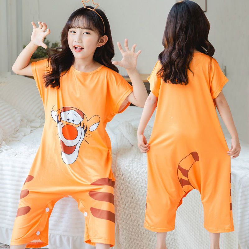 Children's one-piece pajamas summer thin short sleeved boys' and girls' home clothes anti kick Quilt Baby Pajamas children's sleeping bag summer