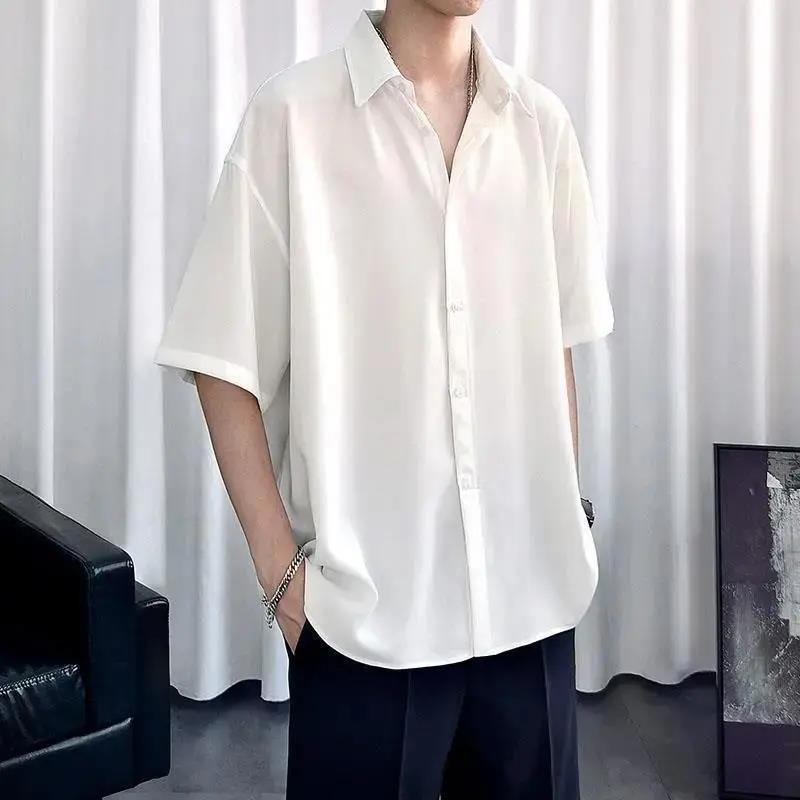 Ice silk short-sleeved shirt men's ins non-ironing Korean version of the simple solid color five-quarter-sleeve shirt ruffian handsome all-match casual suit