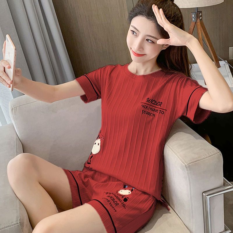 Net red hot style pajamas women's summer simple loose short-sleeved home clothes cute cartoon students wear large size suits