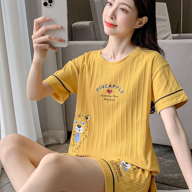 Internet celebrity pajamas women's summer short-sleeved casual cartoon plus size student home clothes loose two-piece suit